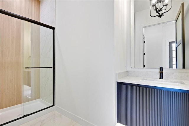 24909 W 98th Pl, Lenexa, KS 66227 - bathroom featuring marble look tile flooring, a stall shower, and vanity