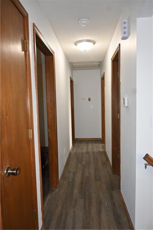 hallway with a textured ceiling and dark hardwood / wood-style floors