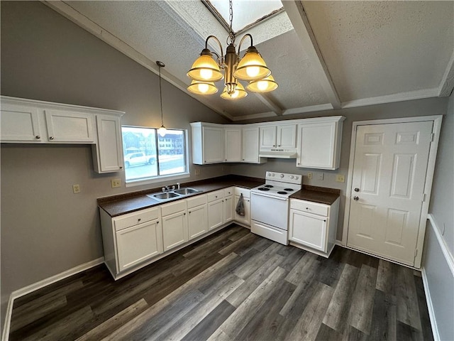 kitchen with white electric stove, sink, and white cabinets