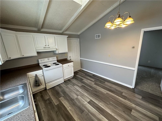 kitchen featuring sink, a chandelier, lofted ceiling with beams, white range with electric cooktop, and white cabinets