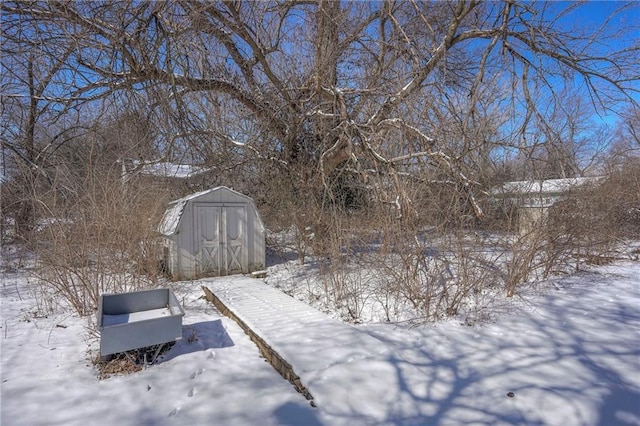 snowy yard with an outbuilding and a storage shed