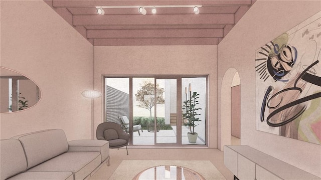 living room featuring beamed ceiling