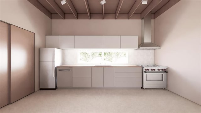 kitchen with light countertops, backsplash, a sink, wall chimney exhaust hood, and stainless steel appliances