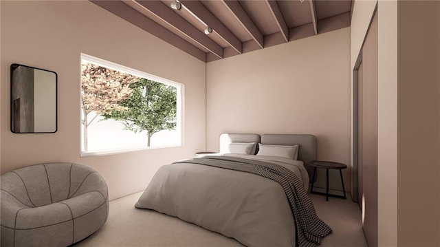 carpeted bedroom featuring beam ceiling