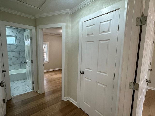 corridor with ornamental molding and hardwood / wood-style floors