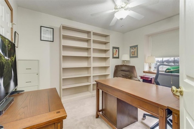 office with light colored carpet and ceiling fan