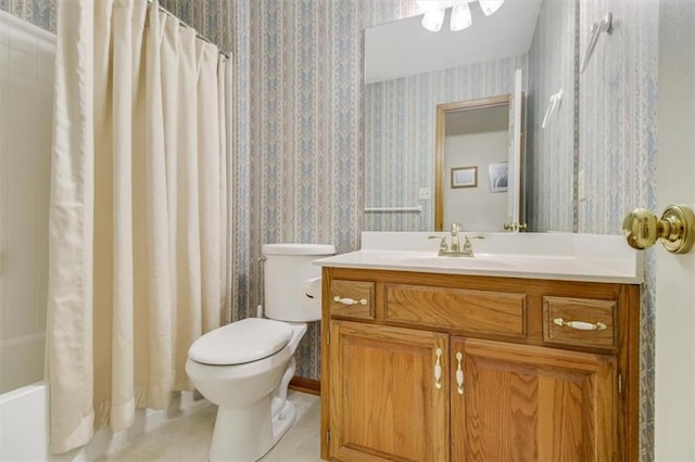 full bathroom with tile patterned flooring, vanity, shower / bathtub combination with curtain, and toilet