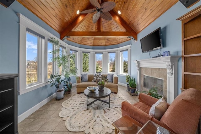 sunroom / solarium with a wealth of natural light, wooden ceiling, and a tile fireplace