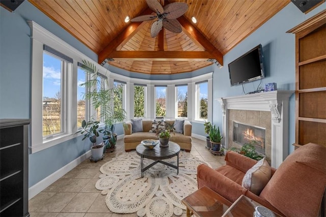 sunroom with wooden ceiling, a wealth of natural light, and a tile fireplace