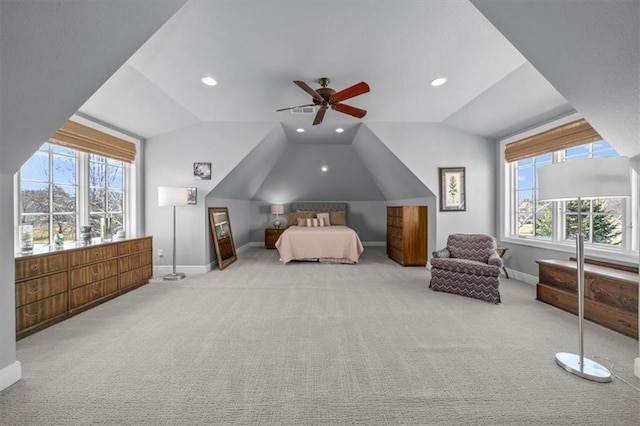 carpeted bedroom featuring recessed lighting, baseboards, and lofted ceiling