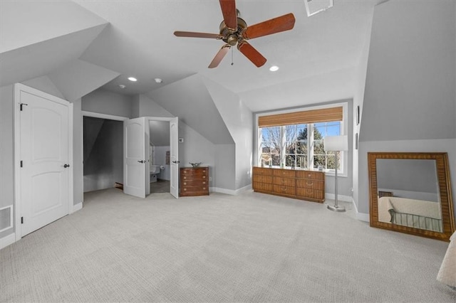 bonus room with a ceiling fan, carpet, baseboards, lofted ceiling, and recessed lighting