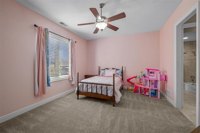 carpeted bedroom with baseboards, visible vents, and ceiling fan