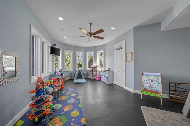 playroom with recessed lighting, baseboards, and ceiling fan