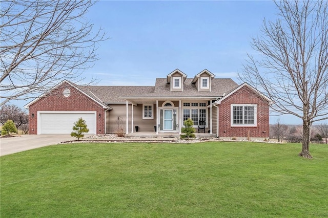 cape cod house with a garage, concrete driveway, covered porch, a front yard, and brick siding