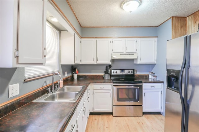 kitchen featuring sink, white cabinets, light hardwood / wood-style floors, stainless steel appliances, and a textured ceiling