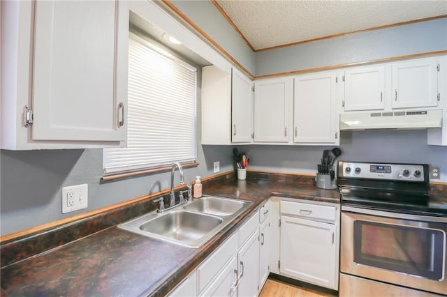 kitchen featuring white cabinetry, sink, a textured ceiling, and stainless steel electric range