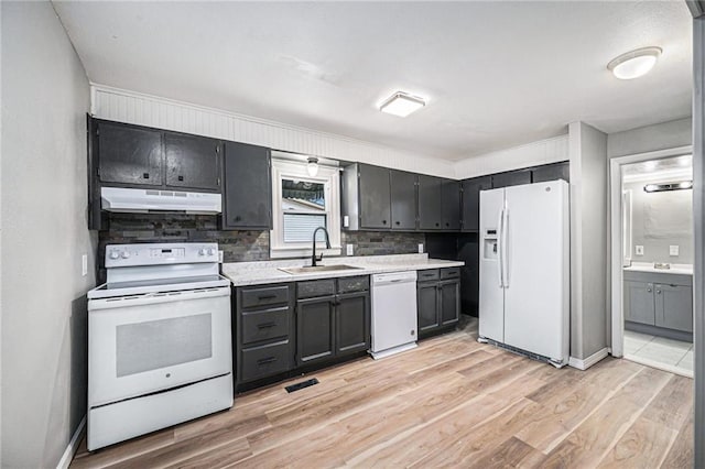 kitchen featuring sink, backsplash, white appliances, and light hardwood / wood-style flooring