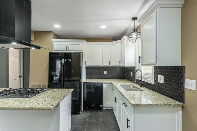 kitchen with sink, white cabinetry, extractor fan, black appliances, and light stone countertops