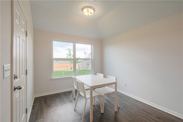 dining room with vaulted ceiling and dark wood-type flooring