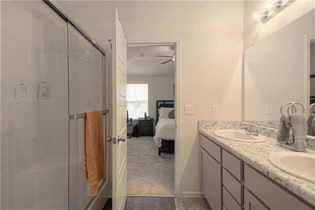 bathroom featuring vanity and a shower with shower door