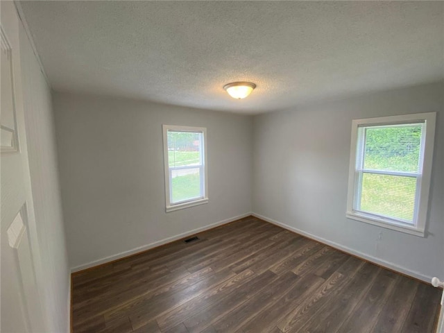 empty room featuring a healthy amount of sunlight, dark hardwood / wood-style floors, and a textured ceiling