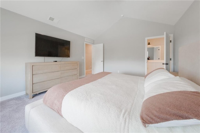 bedroom featuring carpet, visible vents, vaulted ceiling, and baseboards