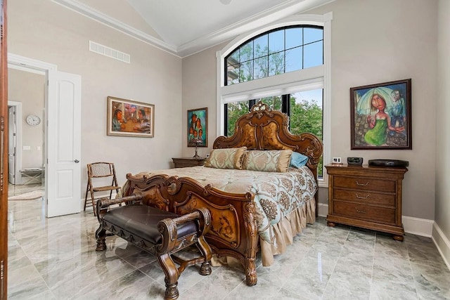 bedroom featuring marble finish floor, baseboards, visible vents, and crown molding