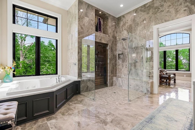 full bath with a walk in shower, marble finish floor, a whirlpool tub, and crown molding