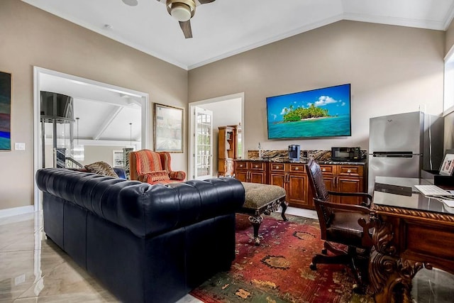 living room featuring lofted ceiling, baseboards, a ceiling fan, and crown molding