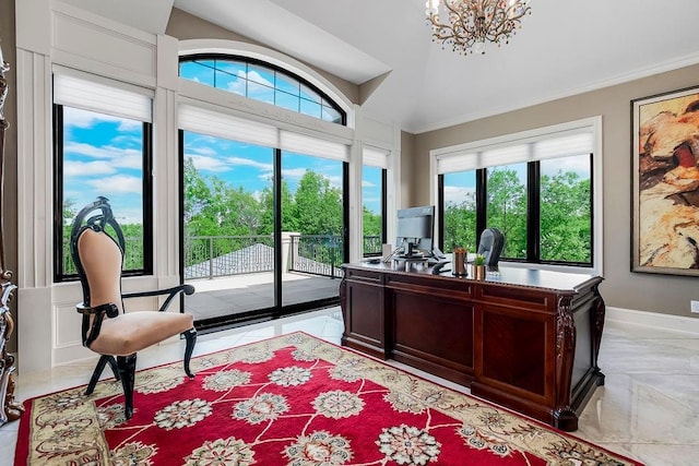 office with ornamental molding, a chandelier, marble finish floor, and baseboards