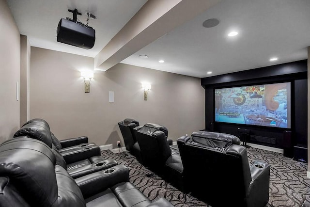 home theater with recessed lighting, carpet, and baseboards