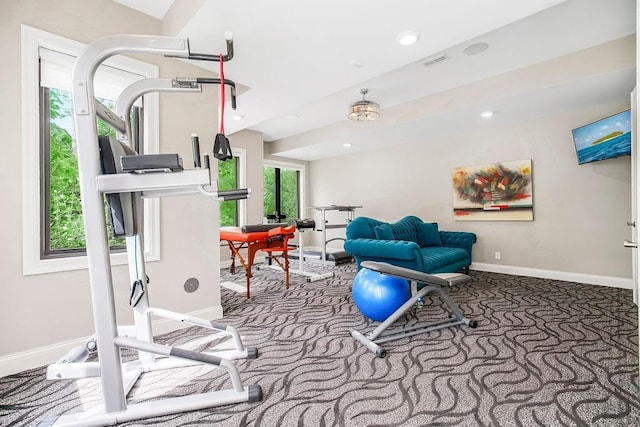 workout room with carpet, visible vents, baseboards, and recessed lighting