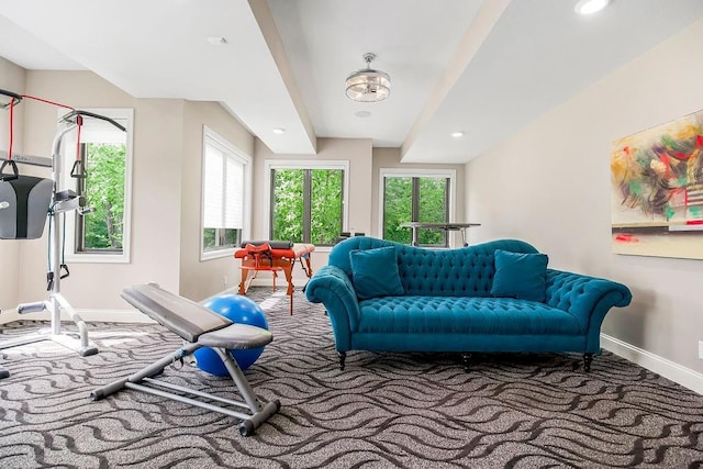 living area featuring carpet floors, baseboards, and recessed lighting