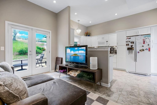 living room with baseboards, french doors, and recessed lighting