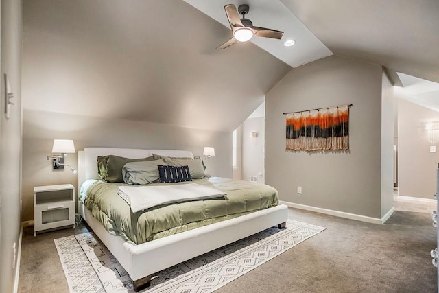 bedroom featuring carpet, baseboards, vaulted ceiling, and a ceiling fan