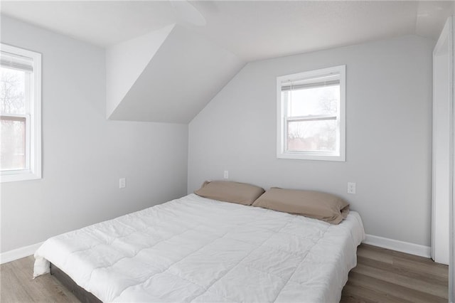 bedroom with multiple windows, wood-type flooring, and vaulted ceiling