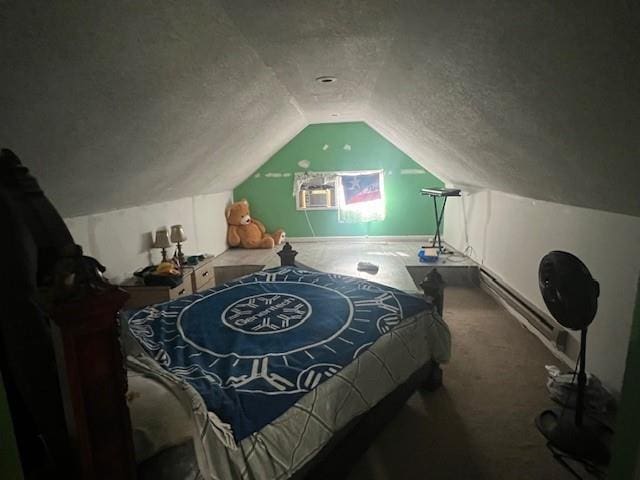 carpeted bedroom with lofted ceiling and a textured ceiling