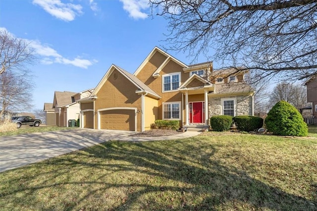 view of front of home with stucco siding, stone siding, concrete driveway, an attached garage, and a front yard