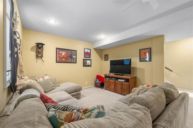 carpeted living room featuring recessed lighting, baseboards, and ceiling fan