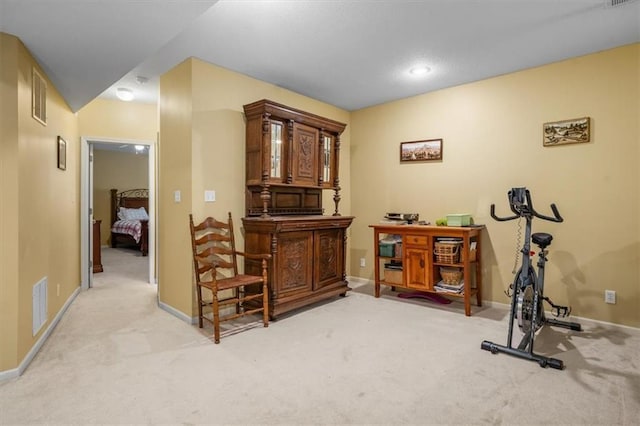 exercise area featuring visible vents, baseboards, and carpet