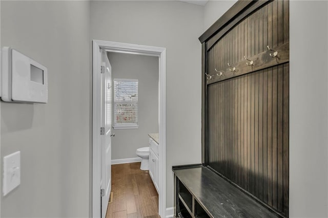 mudroom featuring baseboards and wood finished floors