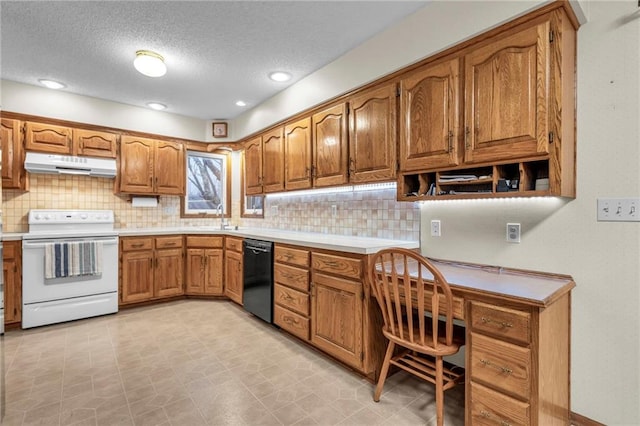 kitchen featuring dishwasher, white range with electric cooktop, tasteful backsplash, built in desk, and a textured ceiling