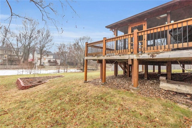 view of yard featuring a deck with water view