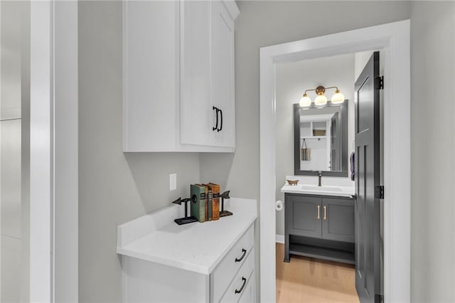 bathroom with hardwood / wood-style flooring and vanity