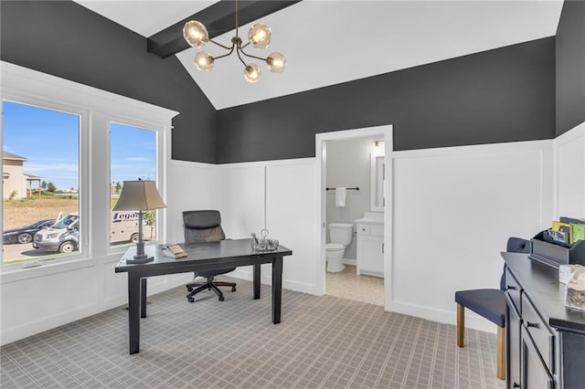 office with lofted ceiling with beams, light colored carpet, and an inviting chandelier