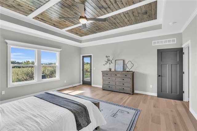 bedroom with crown molding, light hardwood / wood-style flooring, a tray ceiling, access to outside, and wooden ceiling