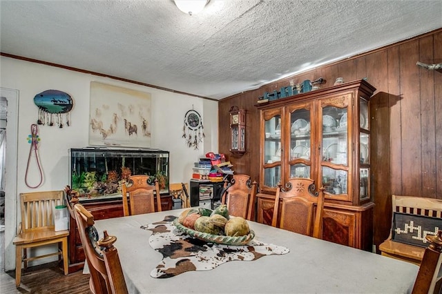 dining space with ornamental molding, wood walls, and a textured ceiling