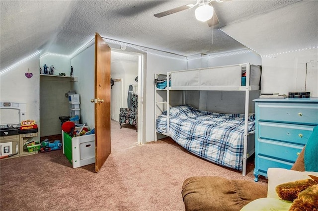 bedroom with carpet, ceiling fan, and a textured ceiling