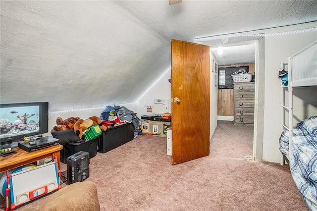 additional living space with light carpet, vaulted ceiling, and a textured ceiling