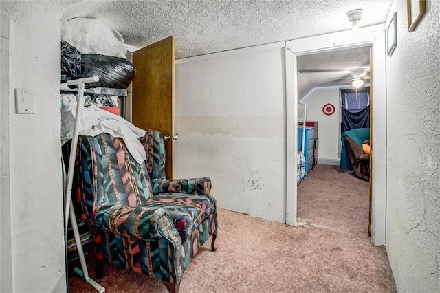 interior space featuring a textured ceiling, a textured wall, and carpet